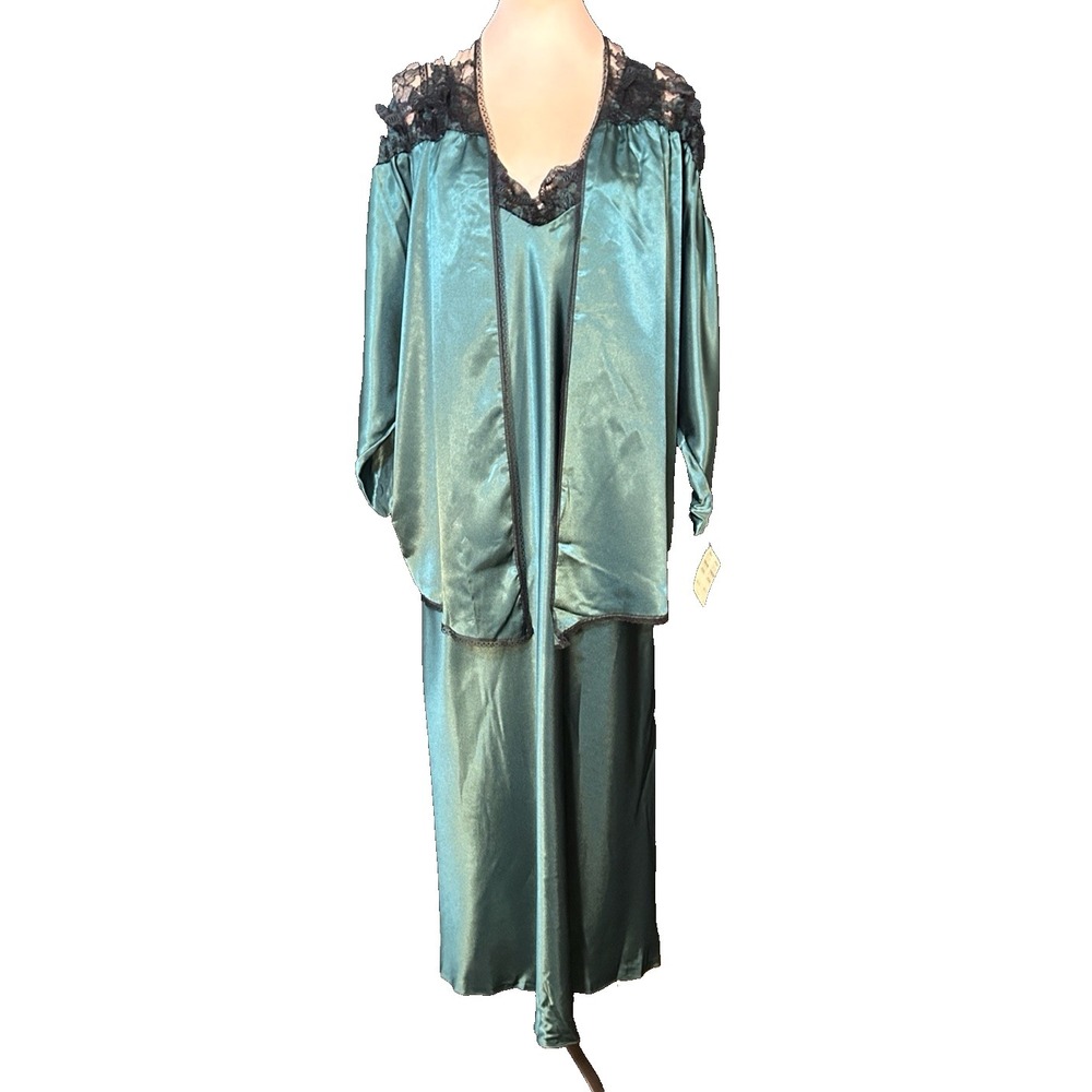 NWT Vintage Valentino Intimo Green Satin & Black Lace Peignoir Set USA Medium
